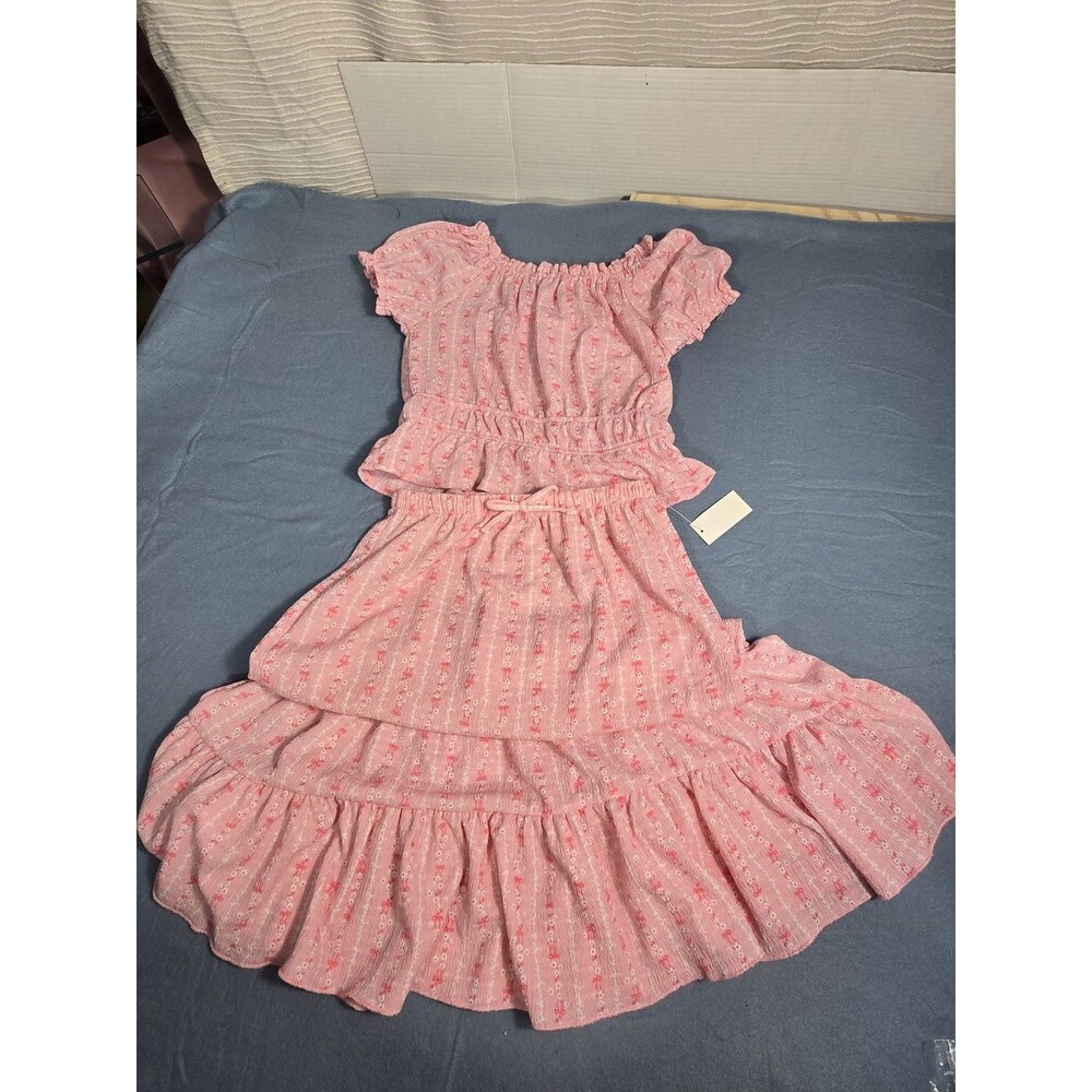 Women's Pink Amy Byer Floral Smocked Crop Top and Tiered Midi Skirt Set (14)